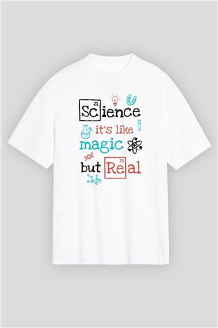 Bilim Sihir Baskılı Unisex Oversize Beyaz Tişört - Tshirt