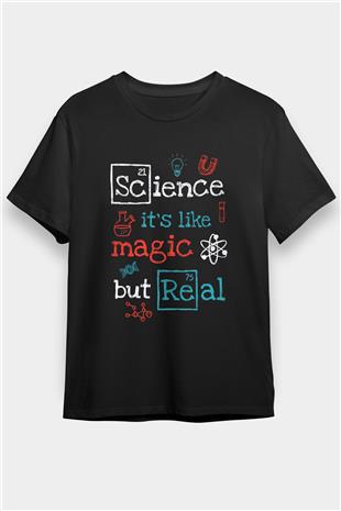 Bilim Sihir Baskılı Unisex Siyah Tişört - Tshirt