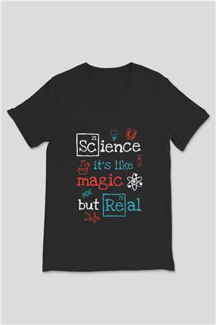 Bilim Sihir Baskılı Unisex V Yaka Siyah Tİşört - Tshirt
