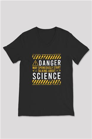 Bilim Tehlikeli Baskılı Unisex V Yaka Siyah Tİşört - Tshirt