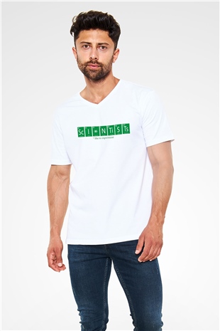 Bilimadamı Beyaz Unisex V Yaka Tişört