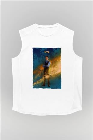 Bill Nye Baskılı Unisex Kolsuz Beyaz Tişört - Tshirt