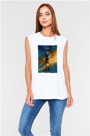 Bill Nye Baskılı Unisex Kolsuz Beyaz Tişört - Tshirt