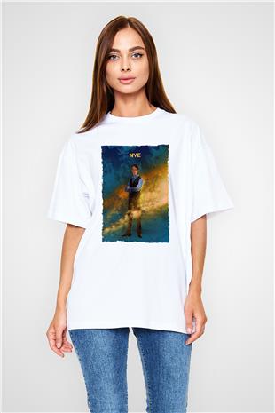 Bill Nye Baskılı Unisex Oversize Beyaz Tişört - Tshirt