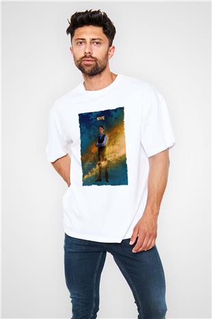 Bill Nye Baskılı Unisex Oversize Beyaz Tişört - Tshirt