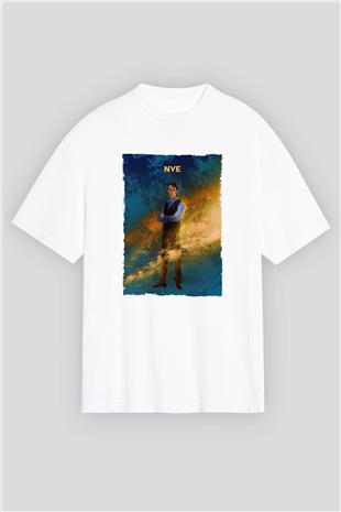Bill Nye Baskılı Unisex Oversize Beyaz Tişört - Tshirt