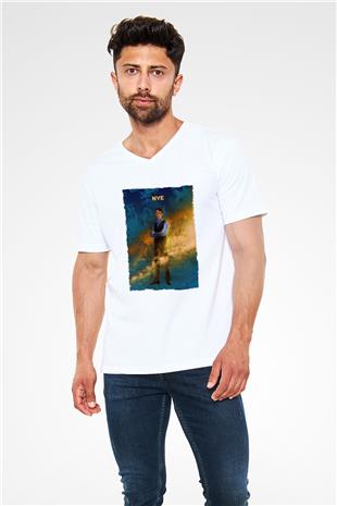 Bill Nye Baskılı Unisex V Yaka Beyaz Tişört - Tshirt