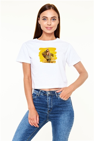 Billie Eilish Baskılı Beyaz Crop Top Kadın Tişört - Tshirt