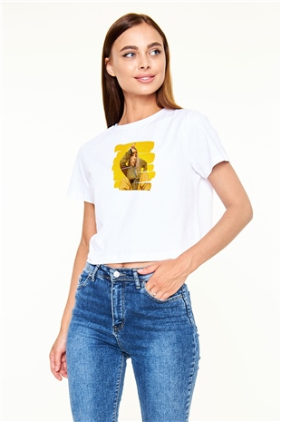 Billie Eilish Baskılı Beyaz Crop Top Kadın Tişört - Tshirt