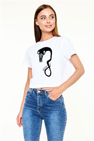 Billie Eilish Baskılı Beyaz Crop Top Kadın Tişört - Tshirt