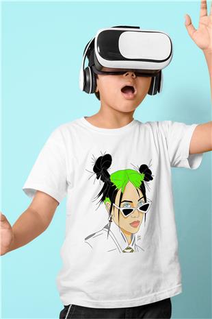 Billie Eilish Baskılı Beyaz Unisex Beyaz Çocuk Tişört - Tshirt