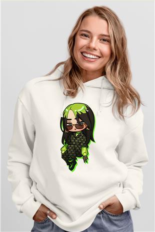 Billie Eilish Baskılı Beyaz Unisex Kapüşonlu Sweatshirt