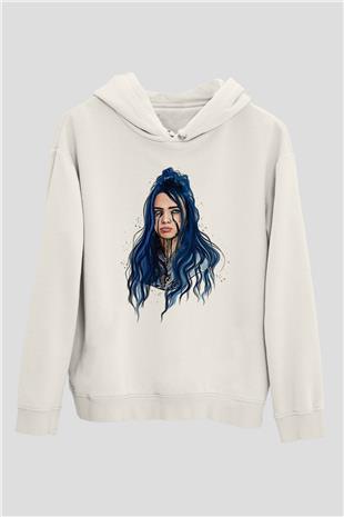 Billie Eilish Baskılı Beyaz Unisex Kapüşonlu Sweatshirt