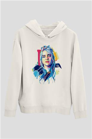 Billie Eilish Baskılı Beyaz Unisex Kapüşonlu Sweatshirt