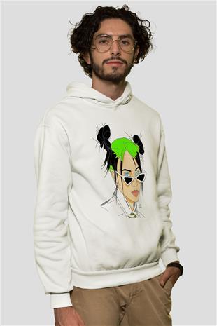 Billie Eilish Baskılı Beyaz Unisex Kapüşonlu Sweatshirt