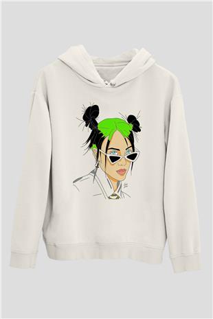 Billie Eilish Baskılı Beyaz Unisex Kapüşonlu Sweatshirt