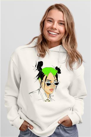 Billie Eilish Baskılı Beyaz Unisex Kapüşonlu Sweatshirt