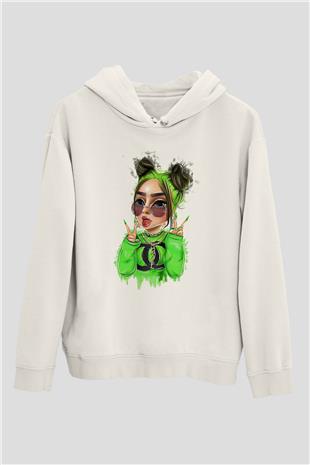 Billie Eilish Baskılı Beyaz Unisex Kapüşonlu Sweatshirt