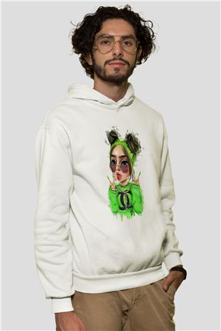 Billie Eilish Baskılı Beyaz Unisex Kapüşonlu Sweatshirt