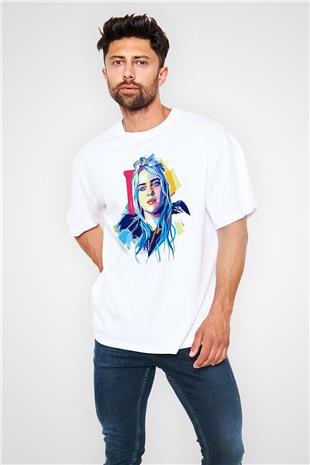 Billie Eilish Baskılı Beyaz Unisex Oversize Tişört - Tshirt