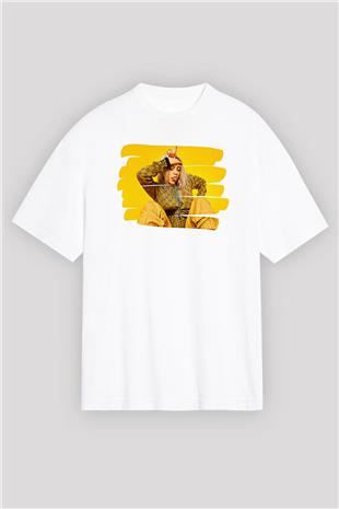 Billie Eilish Baskılı Beyaz Unisex Oversize Tişört - Tshirt