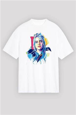 Billie Eilish Baskılı Beyaz Unisex Oversize Tişört - Tshirt