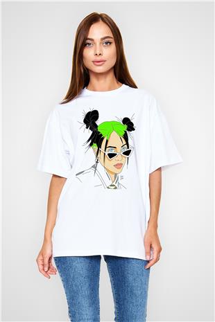 Billie Eilish Baskılı Beyaz Unisex Oversize Tişört - Tshirt