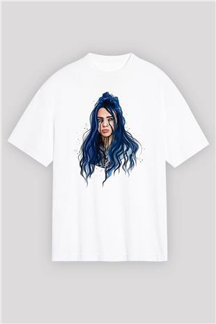 Billie Eilish Baskılı Beyaz Unisex Oversize Tişört - Tshirt