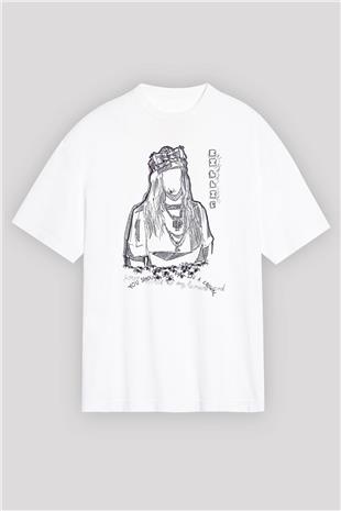 Billie Eilish Baskılı Beyaz Unisex Oversize Tişört - Tshirt