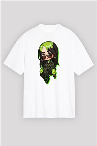 Billie Eilish Baskılı Beyaz Unisex Oversize Tişört - Tshirt