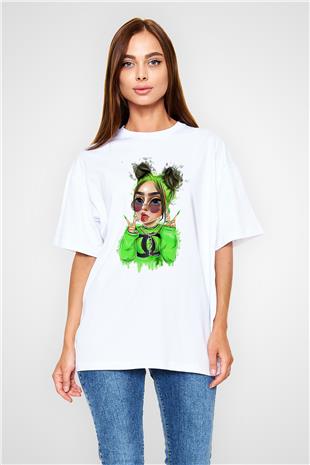 Billie Eilish Baskılı Beyaz Unisex Oversize Tişört - Tshirt