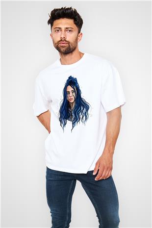 Billie Eilish Baskılı Beyaz Unisex Oversize Tişört - Tshirt