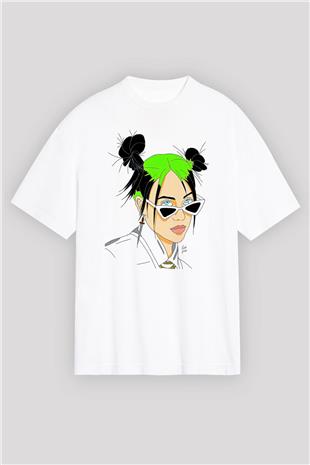 Billie Eilish Baskılı Beyaz Unisex Oversize Tişört - Tshirt