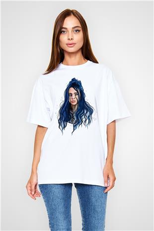 Billie Eilish Baskılı Beyaz Unisex Oversize Tişört - Tshirt