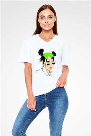 Billie Eilish Baskılı Beyaz Unisex V Yaka Tişört - Tshirt