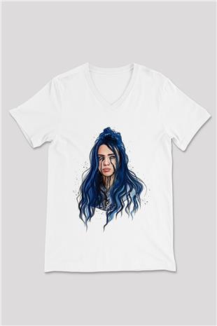 Billie Eilish Baskılı Beyaz Unisex V Yaka Tişört - Tshirt