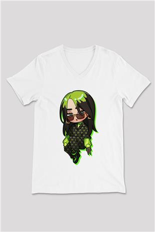 Billie Eilish Baskılı Beyaz Unisex V Yaka Tişört - Tshirt
