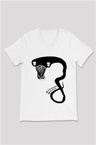 Billie Eilish Baskılı Beyaz Unisex V Yaka Tişört - Tshirt