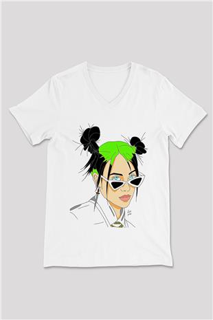 Billie Eilish Baskılı Beyaz Unisex V Yaka Tişört - Tshirt