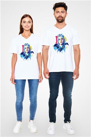 Billie Eilish Baskılı Beyaz Unisex V Yaka Tişört - Tshirt