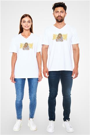 Billie Eilish Baskılı Beyaz Unisex V Yaka Tişört - Tshirt