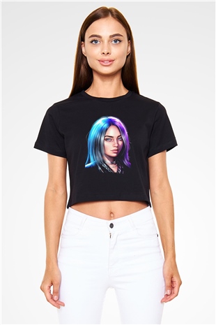 Billie Eilish Baskılı Siyah Crop Top Kadın Tişört - Tshirt