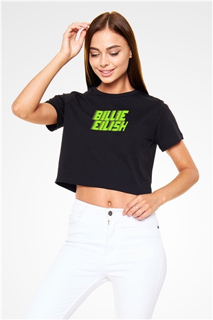 Billie Eilish Baskılı Siyah Crop Top Kadın Tişört - Tshirt