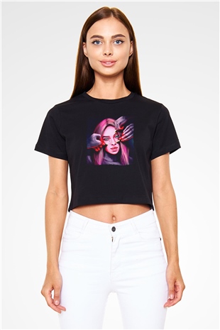 Billie Eilish Baskılı Siyah Crop Top Kadın Tişört - Tshirt