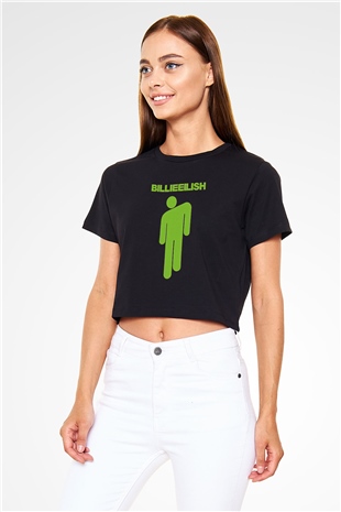 Billie Eilish Baskılı Siyah Crop Top Kadın Tişört - Tshirt