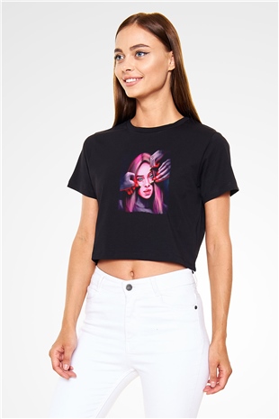 Billie Eilish Baskılı Siyah Crop Top Kadın Tişört - Tshirt