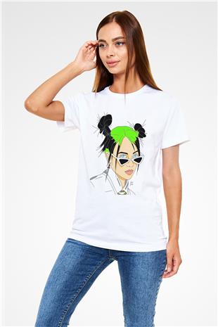 Billie Eilish Baskılı Unisex Beyaz Tişört - Tshirt