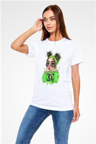 Billie Eilish Baskılı Unisex Beyaz Tişört - Tshirt
