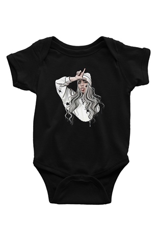 Billie Eilish Baskılı Unisex Siyah Bebek Body - Zıbın