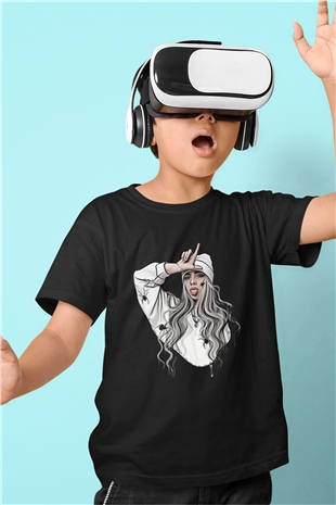 Billie Eilish Baskılı Unisex Siyah Çocuk Tişört - Tshirt